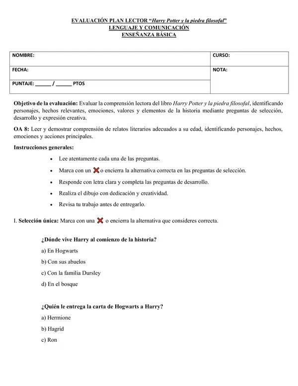 Evaluación Plan Lector: Harry Potter y la piedra filosofal ✨🧙‍♂️ (5° básico)
