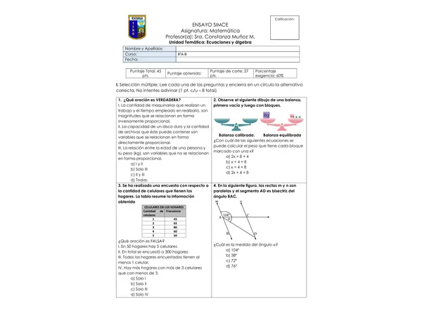 ENSAYO SIMCE OCTAVO BÁSICO MATEMÁTICA + HOJA DE RESPUESTAS + SOLUCIONARIO