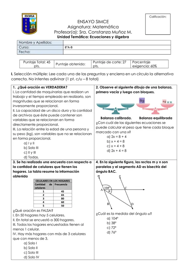 ENSAYO SIMCE OCTAVO BÁSICO MATEMÁTICA + HOJA DE RESPUESTAS + SOLUCIONARIO