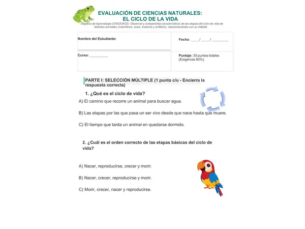 Prueba de Ciencias Naturales "El ciclo de la vida " Segundo Básico