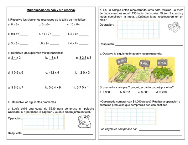 Guía de multiplicación con 2 y 3 dígitos con y sin reserva.