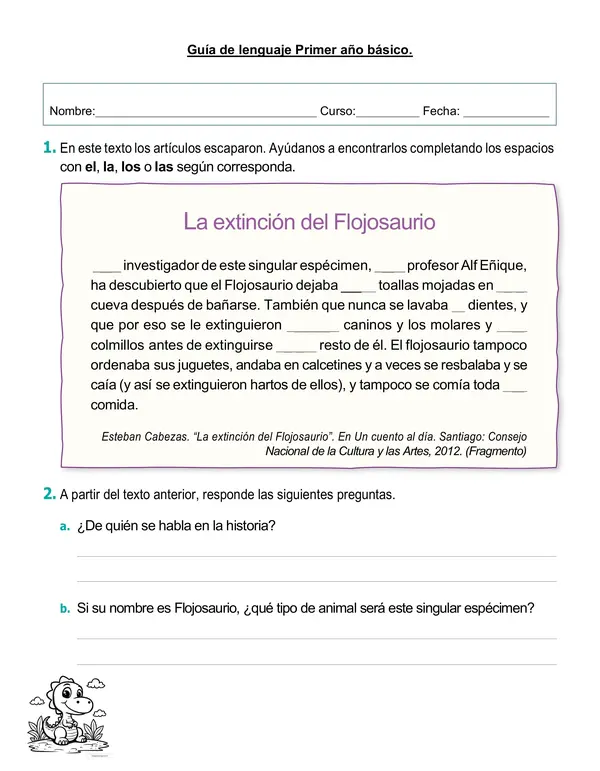 Guía de lenguaje primer año básico "El Flojosaurio".