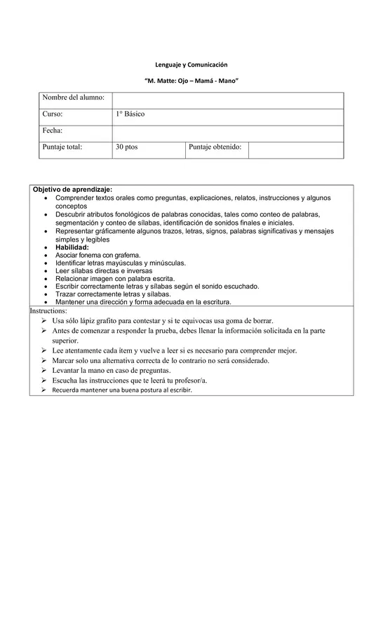 Evaluación de lectoescritura MATTE lección OJO - MAMÁ - MANO