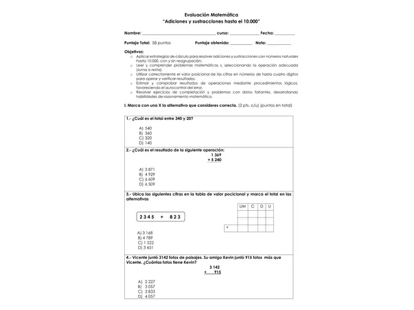 Prueba Matemática - Adicción y sustracción hasta 10.000