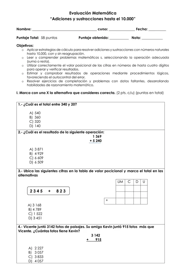 Prueba Matemática - Adicción y sustracción hasta 10.000