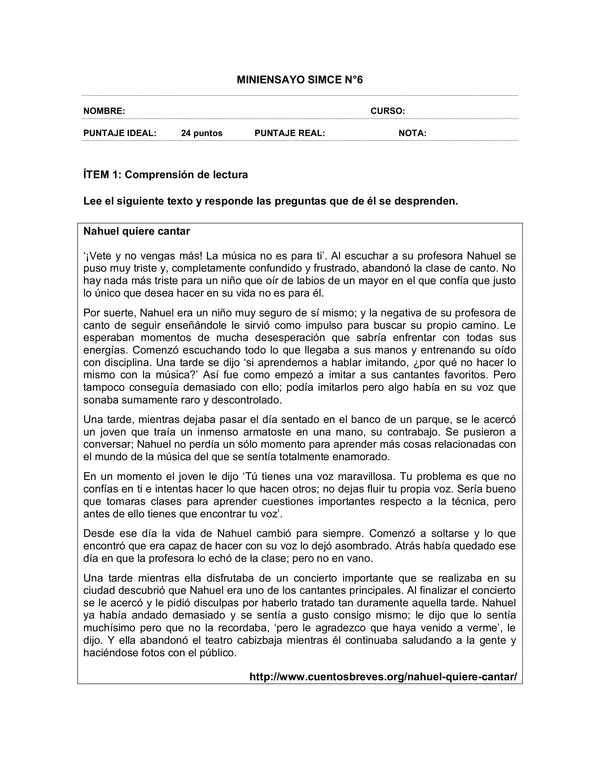 Evaluacion de Lenguaje 6 Basico: comprension de lectura