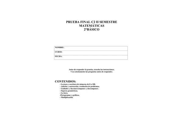 PRUEBA GLOBAL MATEMÁTICAS 2° BÁSICO
