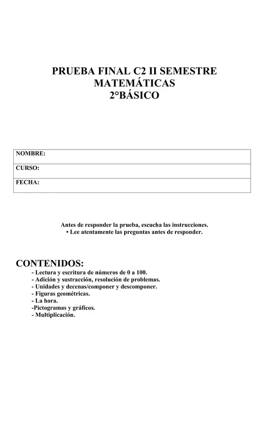 PRUEBA GLOBAL MATEMÁTICAS 2° BÁSICO