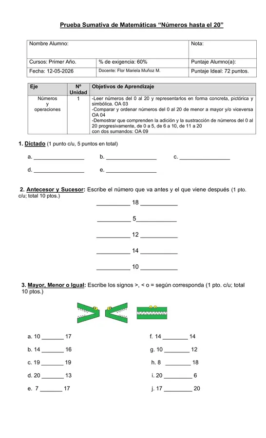 Prueba 1° año básico  "Números hasta el 20"