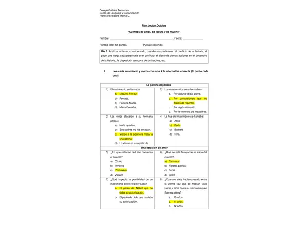 Evaluación Plan Lector "Cuentos de amor, locura y muerte"