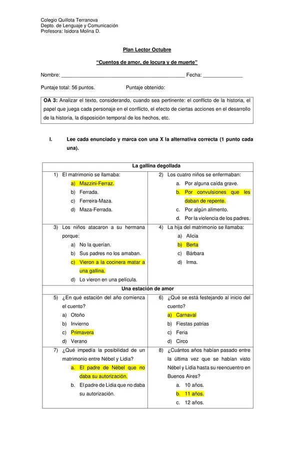 Evaluación Plan Lector "Cuentos de amor, locura y muerte"