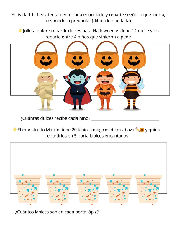 Cuadernillo de ejercicios de divisiones de hallowen