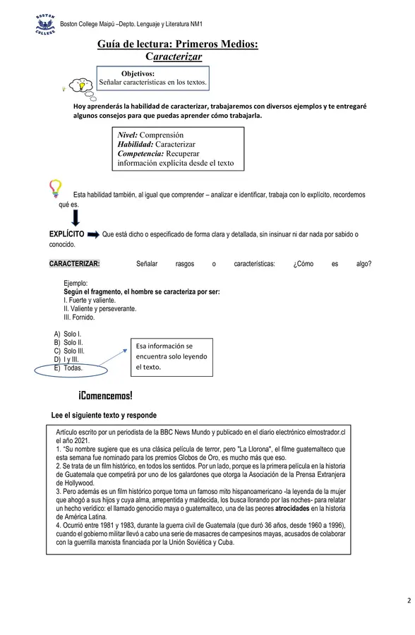 Guía comprensión lectora, segundo medio, habilidad caracterizar.