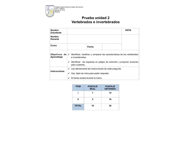 PRUEBA VERTEBRADOS E INVERTEBRADOS