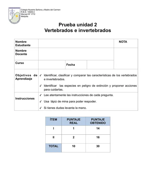 PRUEBA VERTEBRADOS E INVERTEBRADOS