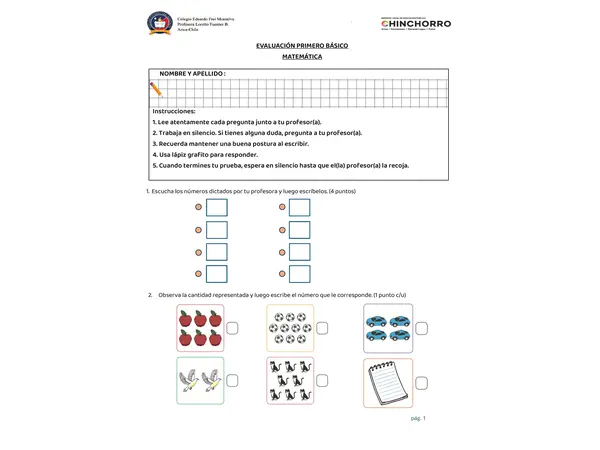 Evaluación matemática 1 básico hasta el 10 