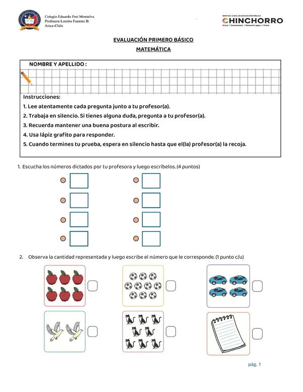 Evaluación matemática 1 básico hasta el 10 