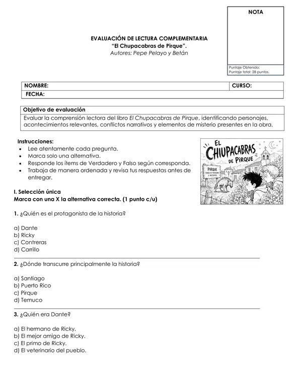 Evaluación "El Chupacabras de Pirque" | Word Editable | Incluye Pauta de Corrección