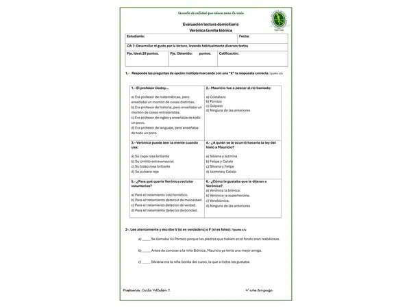Evaluación libro Véronica la niña bionica 