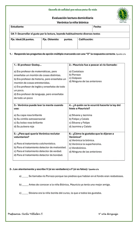 Evaluación libro Véronica la niña bionica 