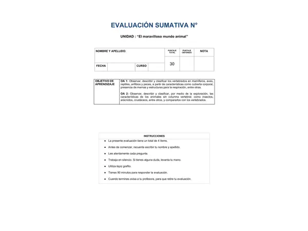 "Evaluación animales vertebrados e invertebrados"