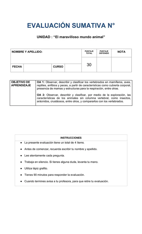 "Evaluación animales vertebrados e invertebrados"