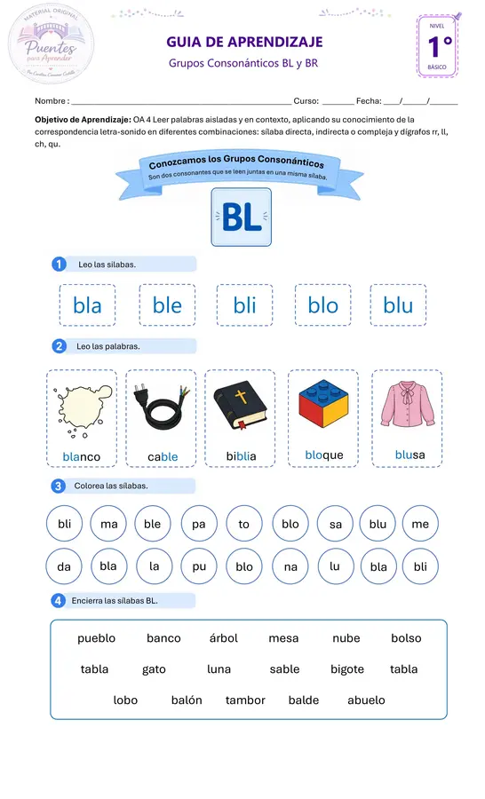 Guía de Aprendizaje: Grupos Consonánticos BL y BR | 1° Básico