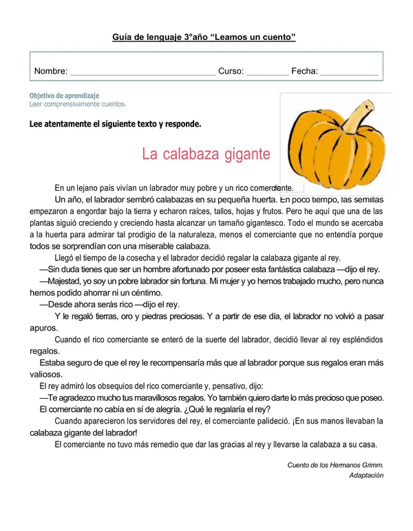  Guía de comprensión lectora cuento "La calabaza gigante" 3°año