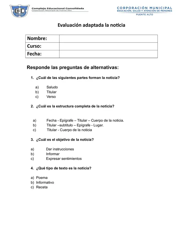 prueba adaptada de texto la noticia