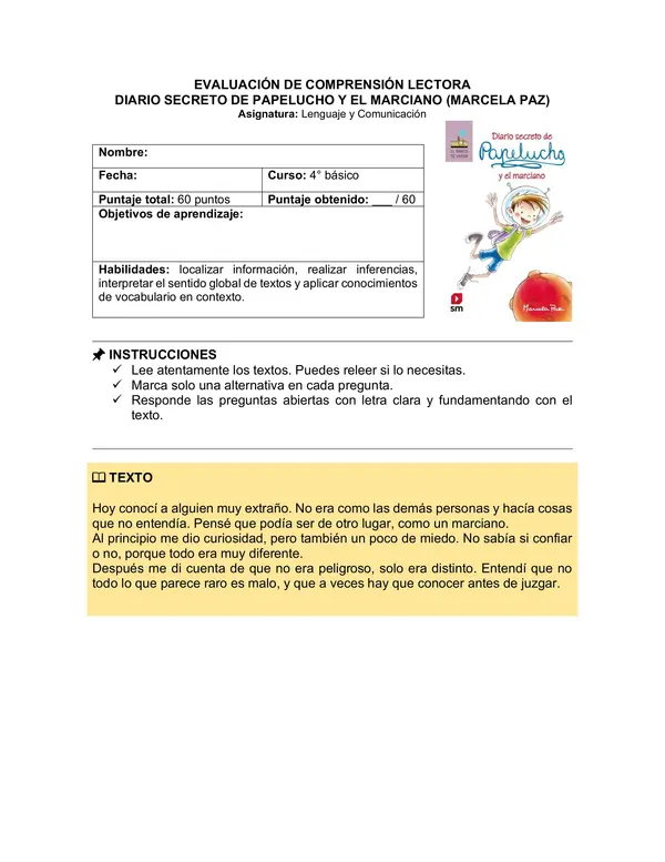 Prueba del libro "Diario secreto de Papelucho y el marciano" (Marcela Paz)