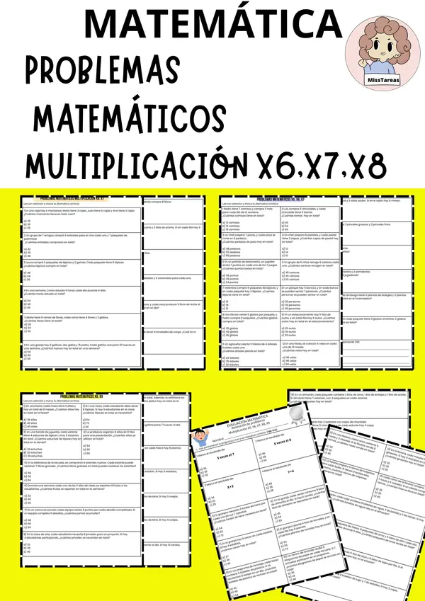 Ficha de Matemática: Problemas de Multiplicación - Tablas del 6, 7, 8 y 9