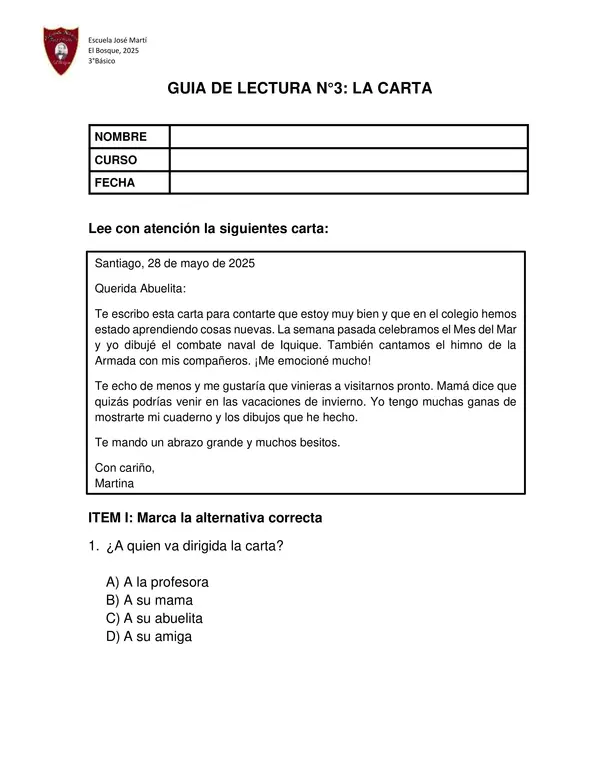  Guía de Lectura: "Una carta muy especial"