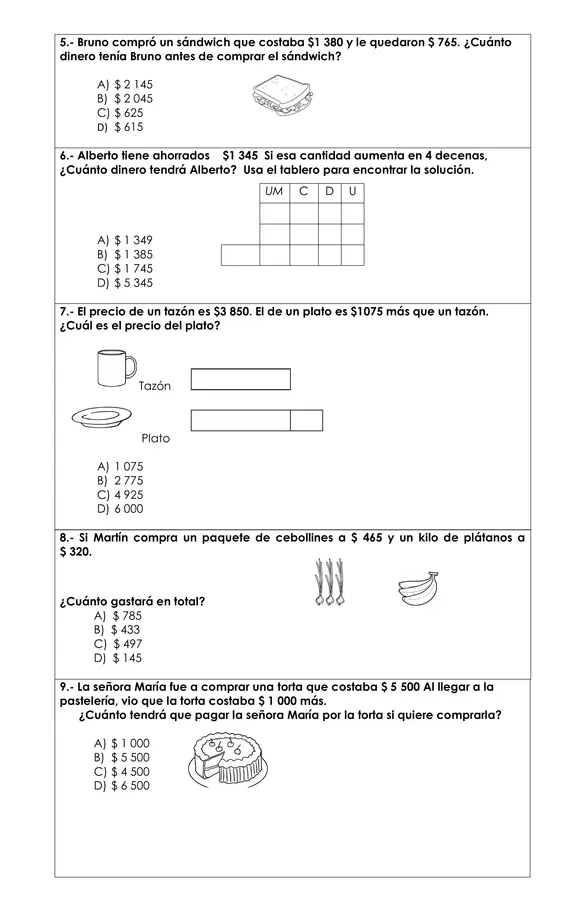 Prueba Matemática - Adicción y sustracción hasta 10.000