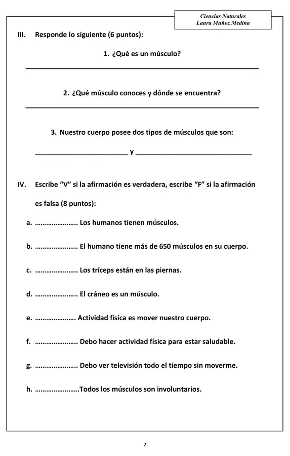 Evaluación Ciencias (músculos, actividad física)