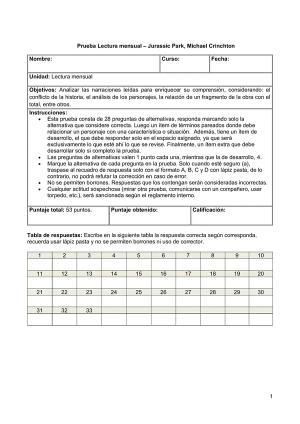 Evaluación - Control lector: Jurassic Park