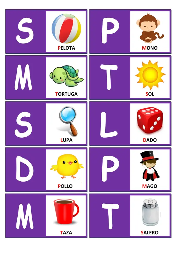 Dominó de Sonidos Iniciales: Consonantes (M, P, L, S, T y D)