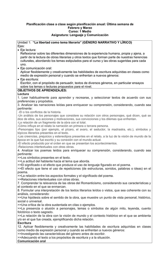 Planificación Clase a Clase Marzo - Lenguaje y Comunicación - 1° Medio
