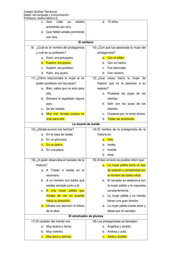 Evaluación Plan Lector "Cuentos de amor, locura y muerte"