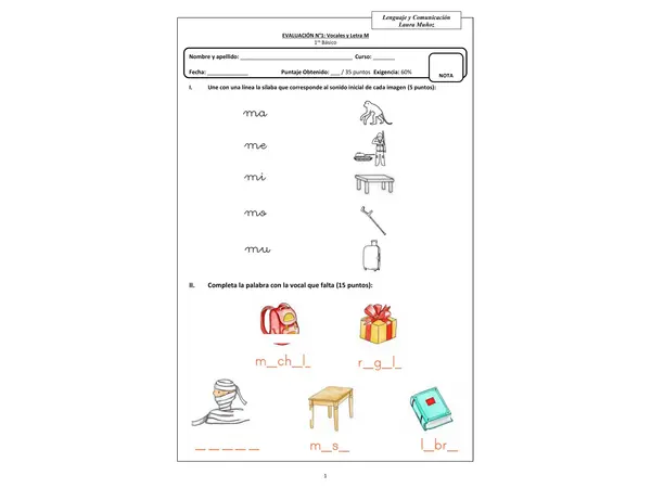 Evaluación de Lenguaje vocales y letra M