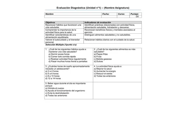 Evaluación Diagnostica Educación Física y Salud