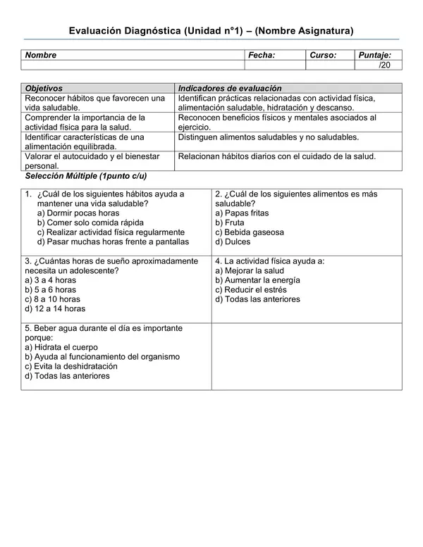Evaluación Diagnostica Educación Física y Salud