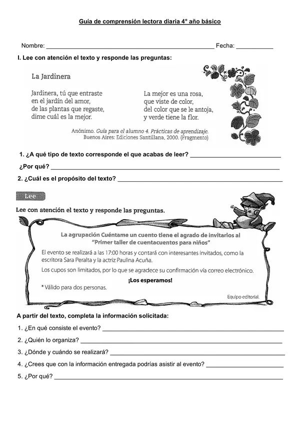 Guía "Poema e invitación" tercer-cuarto año básico.