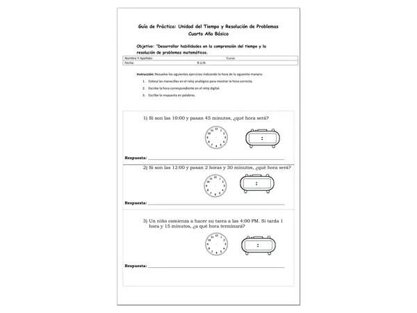 Guía editable Práctica de resolución de problemas  de la unidad del tiempo "La hora" 