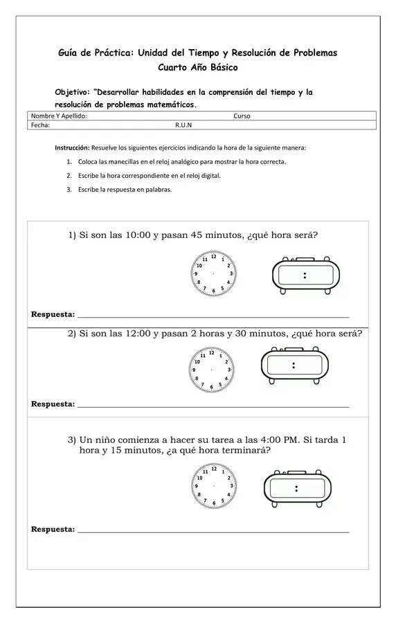 Guía editable Práctica de resolución de problemas  de la unidad del tiempo "La hora" 