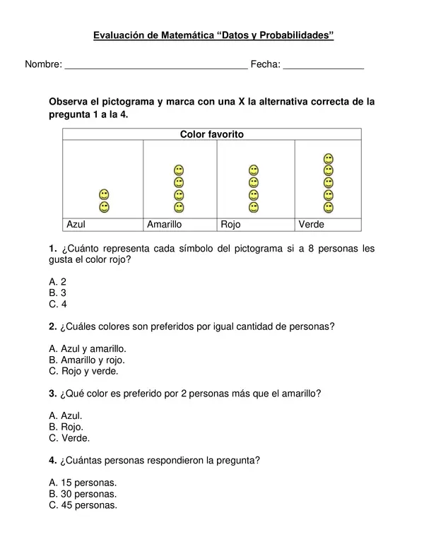 Evaluación "Datos Probabilidades" Segundo año básico,