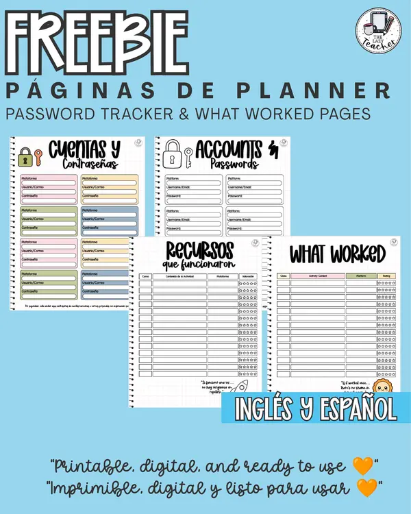 FREE/GRATIS Páginas de Planner Docente - Passwords & What Worked Log (EN & ES)