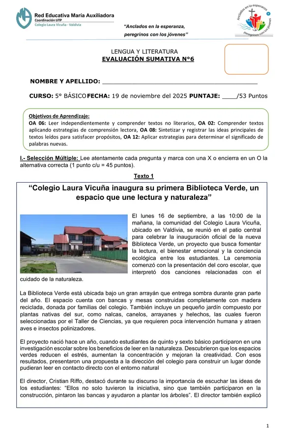 Evaluación Comprensión Lectora Textos Informativos - 5° Básico