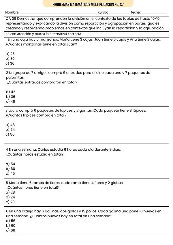 Ficha de Matemática: Problemas de Multiplicación - Tablas del 6, 7, 8 y 9