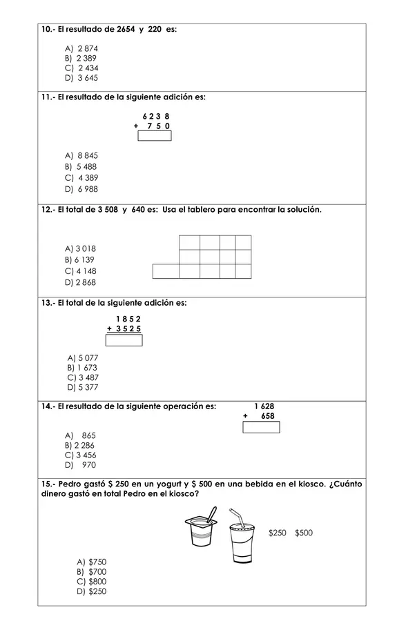 Prueba Matemática - Adicción y sustracción hasta 10.000