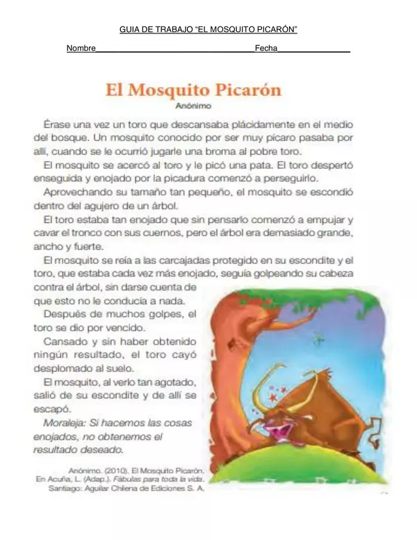 guia de trabajo FABULA, el mosquito picaron, SEGUNDO BASICO, LENGUAJE